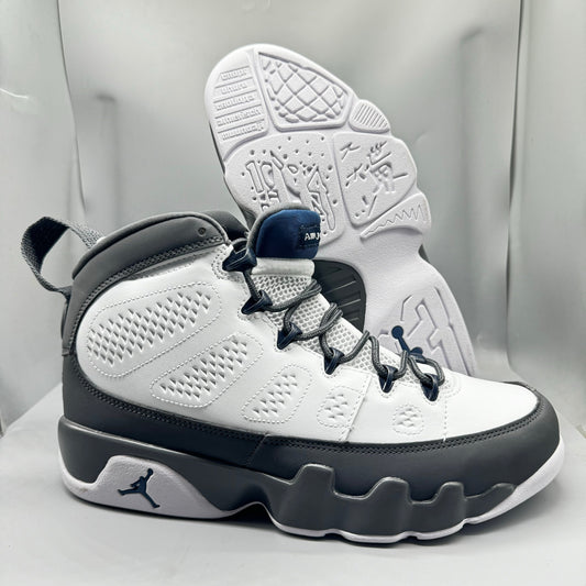 Air Jordan 9 Retro "Flint Grey" sneakers with white, French blue, and Flint grey colors