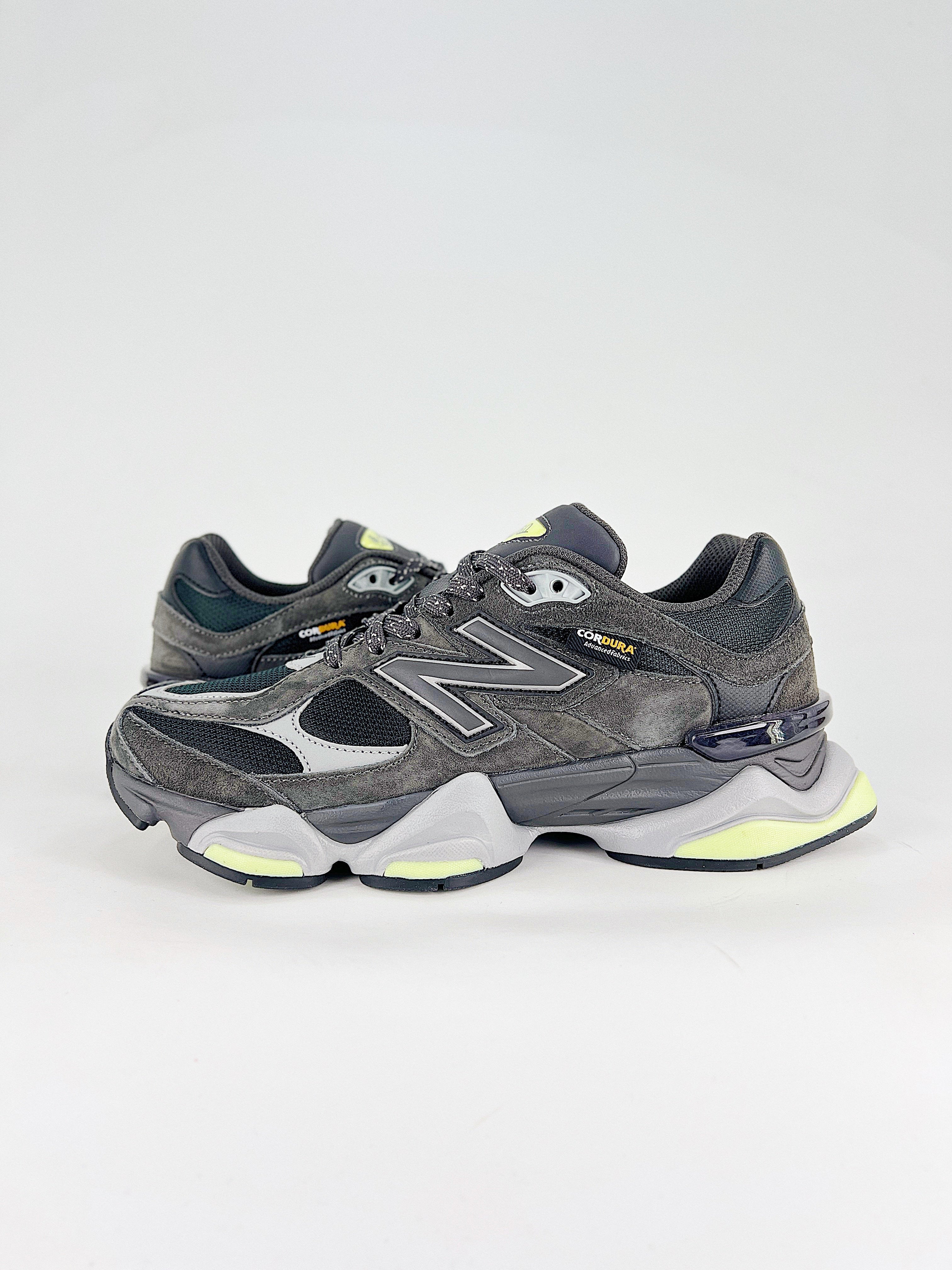 New Balance 9060 sneakers shown are in a black and cement colorway, often featuring a durable mesh and suede construction with Lime accents