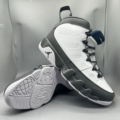 Air Jordan 9 Retro "Flint Grey" sneakers with white, French blue, and Flint grey colors