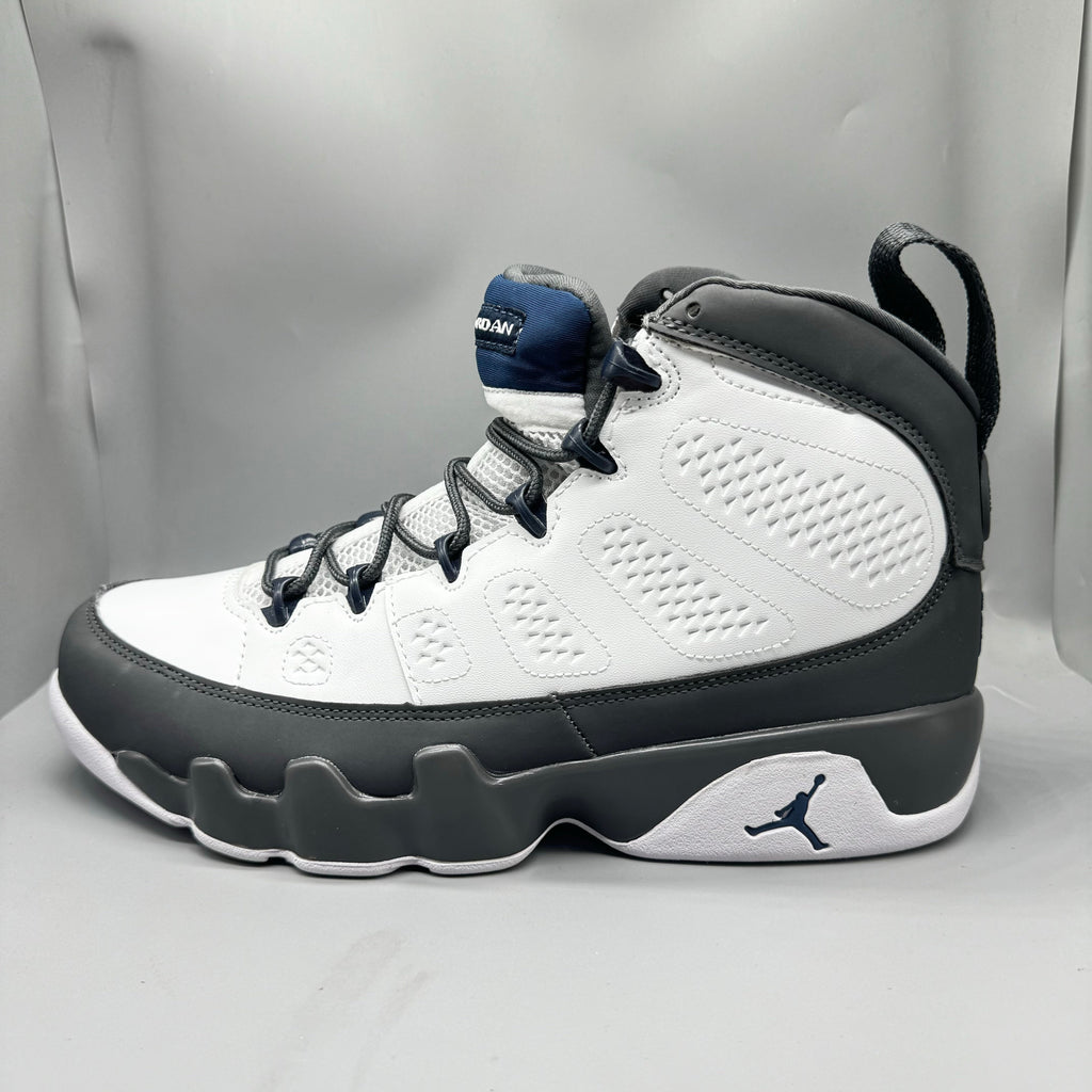 Air Jordan 9 Retro "Flint Grey" sneakers with white, French blue, and Flint grey colors