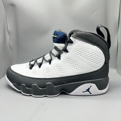 Air Jordan 9 Retro "Flint Grey" sneakers with white, French blue, and Flint grey colors