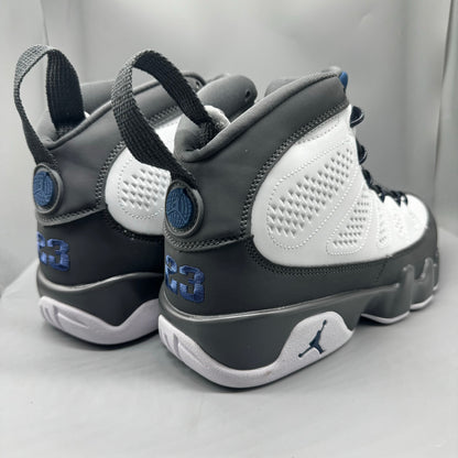 Air Jordan 9 Retro "Flint Grey" sneakers with white, French blue, and Flint grey colors