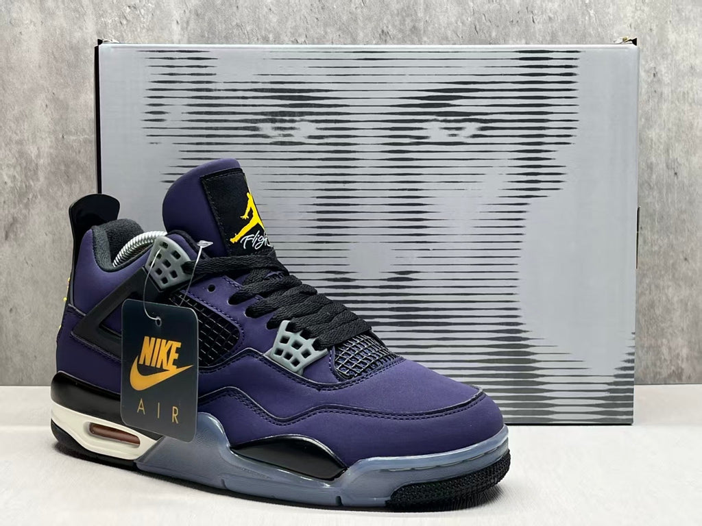 Air Jordan 4 Retro "Lakers" sneaker in an Imperial Purple nubuck upper with black and yellow accents