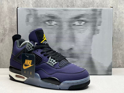 Air Jordan 4 Retro "Lakers" sneaker in an Imperial Purple nubuck upper with black and yellow accents