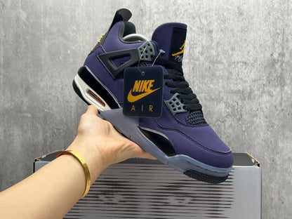 Air Jordan 4 Retro "Lakers" sneaker in an Imperial Purple nubuck upper with black and yellow accents