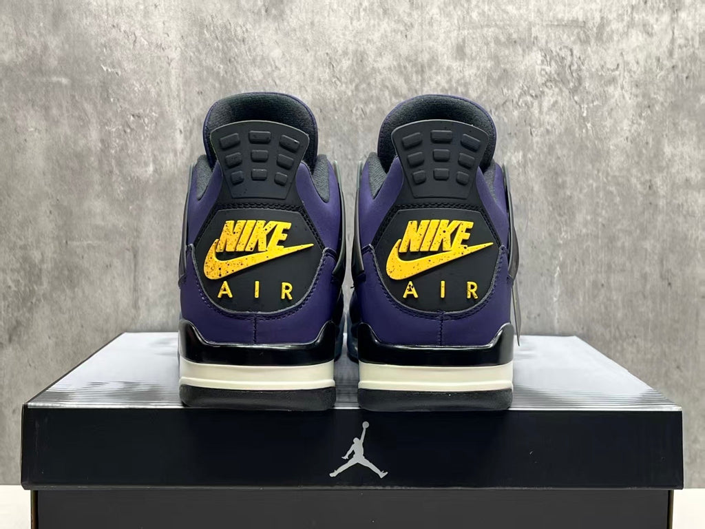 Air Jordan 4 Retro "Lakers" sneaker in an Imperial Purple nubuck upper with black and yellow accents