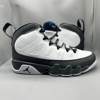 Air Jordan 9 Retro "Flint Grey" sneakers with white, French blue, and Flint grey colors