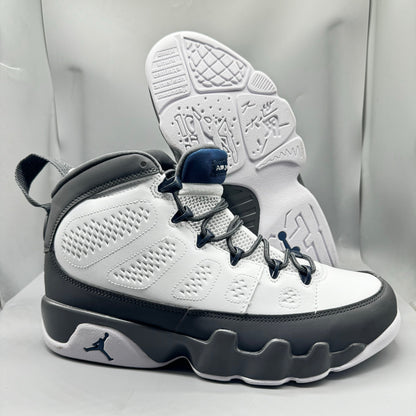 Air Jordan 9 Retro "Flint Grey" sneakers with white, French blue, and Flint grey colors
