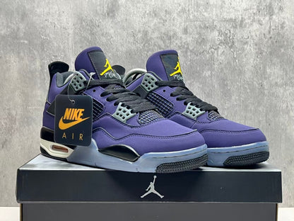 Air Jordan 4 Retro "Lakers" sneaker in an Imperial Purple nubuck upper with black and yellow accents