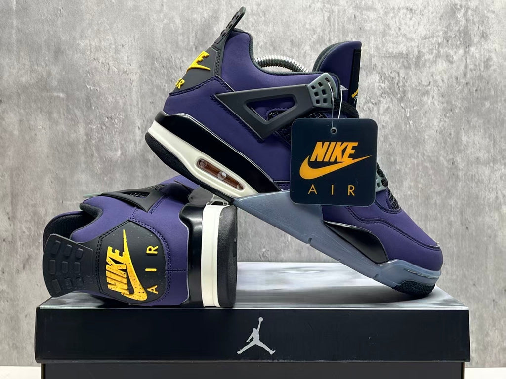Air Jordan 4 Retro "Lakers" sneaker in an Imperial Purple nubuck upper with black and yellow accents