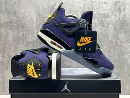 Air Jordan 4 Retro "Lakers" sneaker in an Imperial Purple nubuck upper with black and yellow accents