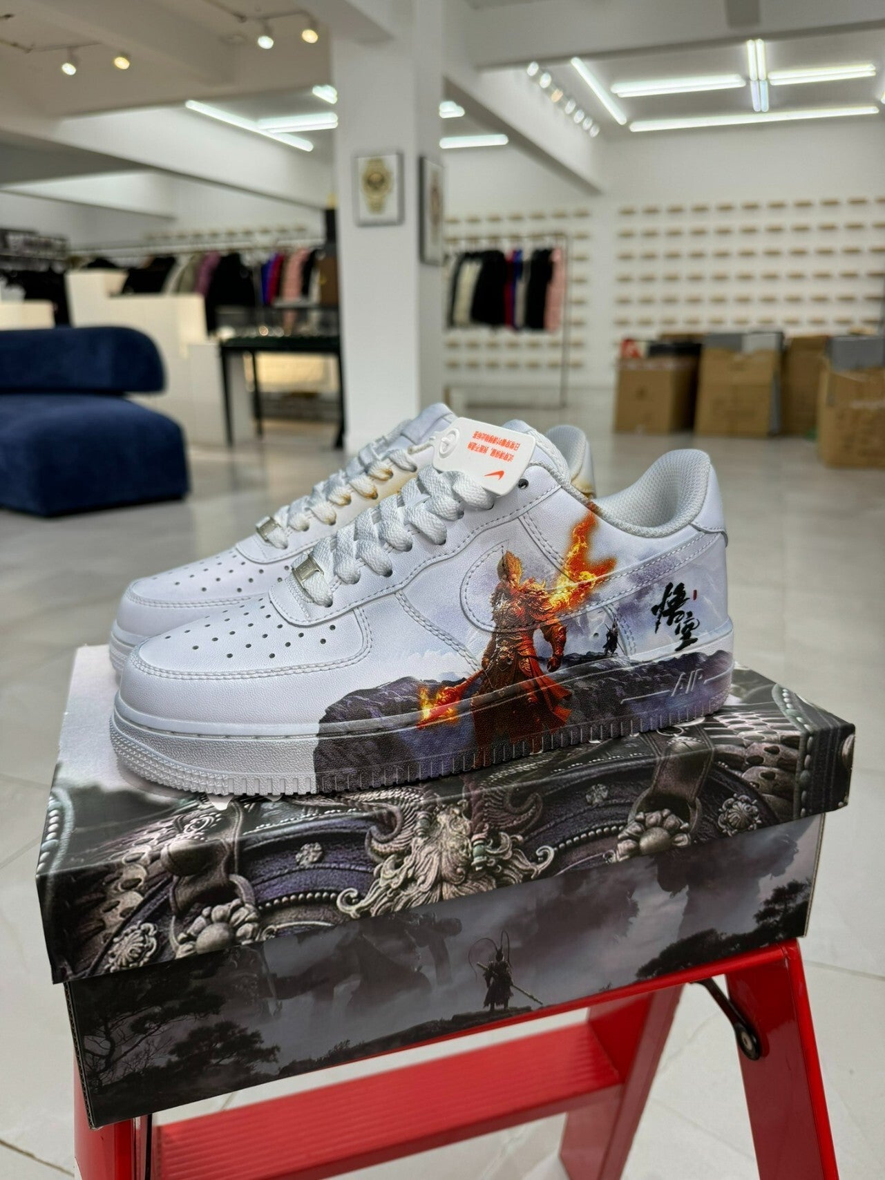 Nike Air Force 1 sneakers featuring a fantasy-themed warrior design