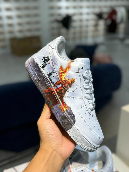 Nike Air Force 1 sneakers featuring a fantasy-themed warrior design